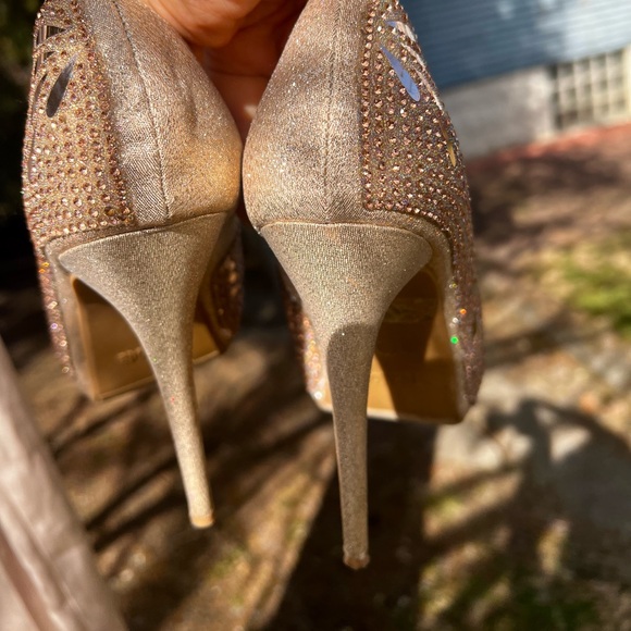 Rose Gold glitter Peacock Peeptoe heels stiletto platform formal open toe 8 - Picture 5 of 11